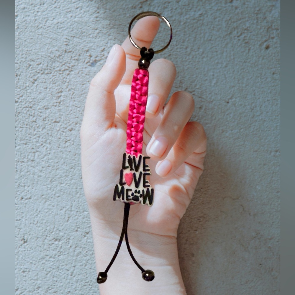 Keychain for Cat Lovers; “Live, Love, Meow” on hot pink and black